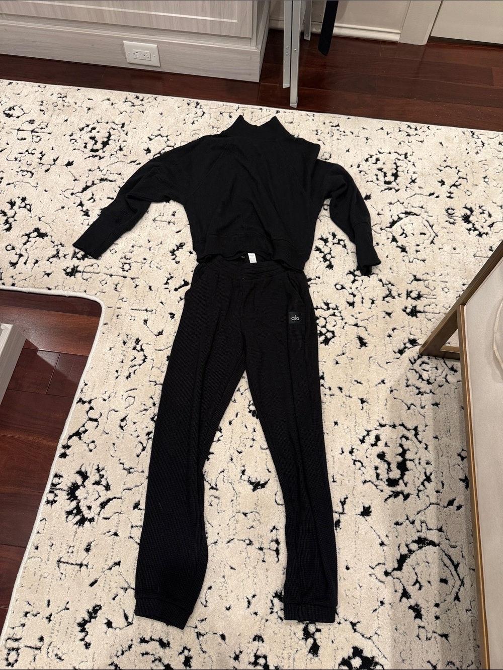 ALO Yoga Black Ribbed Track Joggers and matching top